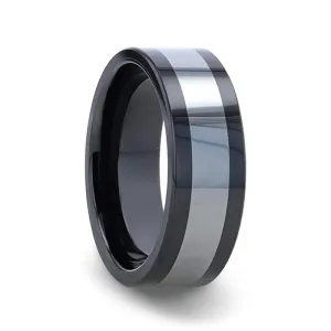 Thorsten HUSKEY Ceramic Ring with Tungsten Inlay Wedding Band With Flat Polished Edges - 8mm