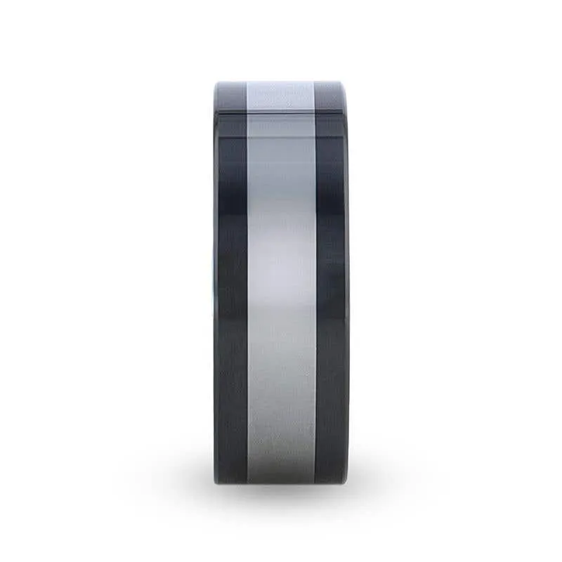 Thorsten HUSKEY Ceramic Ring with Tungsten Inlay Wedding Band With Flat Polished Edges - 8mm