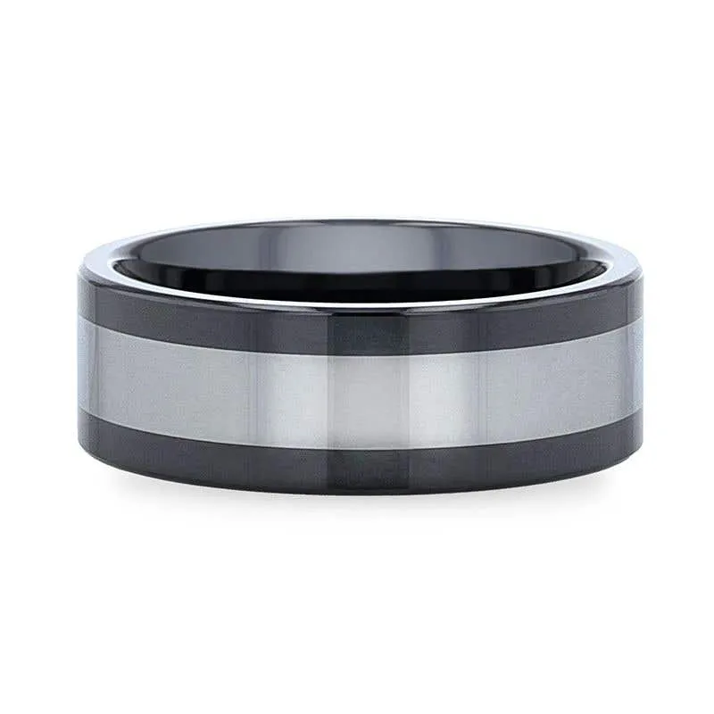 Thorsten HUSKEY Ceramic Ring with Tungsten Inlay Wedding Band With Flat Polished Edges - 8mm