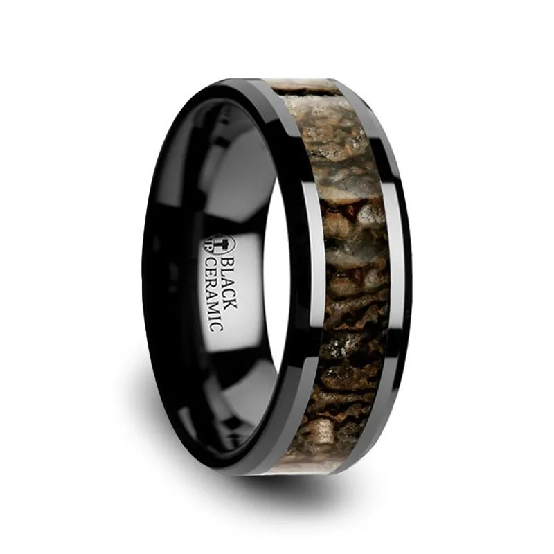 Thorsten SILURIAN Dinosaur Bone Inlaid Black Ceramic Beveled Edged Ring 4 - 8mm