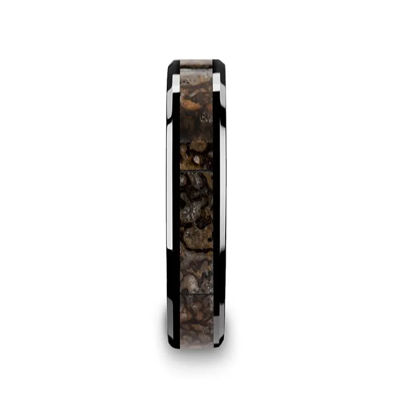 Thorsten SILURIAN Dinosaur Bone Inlaid Black Ceramic Beveled Edged Ring 4 - 8mm