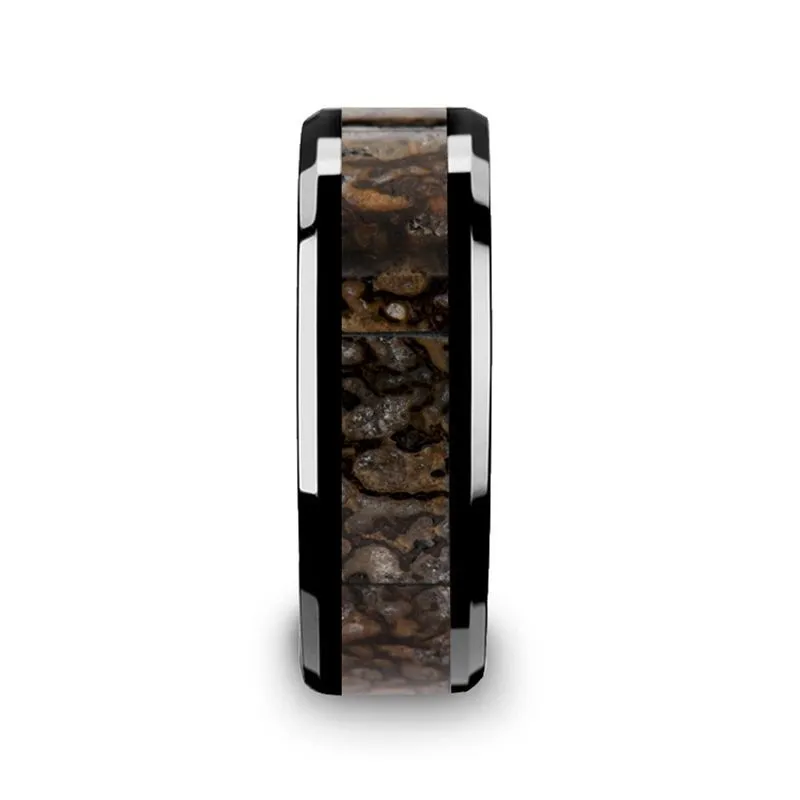 Thorsten SILURIAN Dinosaur Bone Inlaid Black Ceramic Beveled Edged Ring 4 - 8mm
