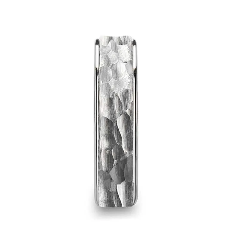 Thorsten WINSTON White Tungsten Ring with Raised Hammered Finish and Polished Step Edges - 4mm - 10mm