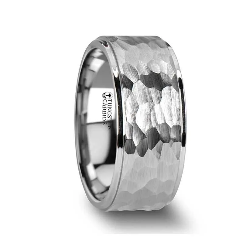 Thorsten WINSTON White Tungsten Ring with Raised Hammered Finish and Polished Step Edges - 4mm - 10mm