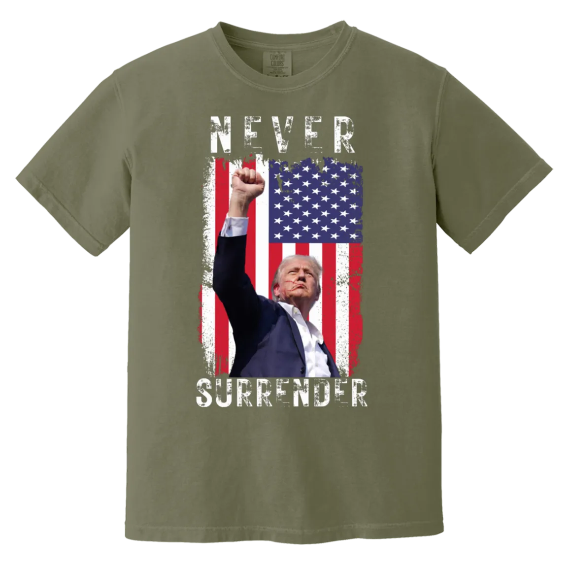 Trump Never Surrender Comfort Colors Tee – Featuring Powerful Image of Trump After Assassination Attempt (Front Only Design)