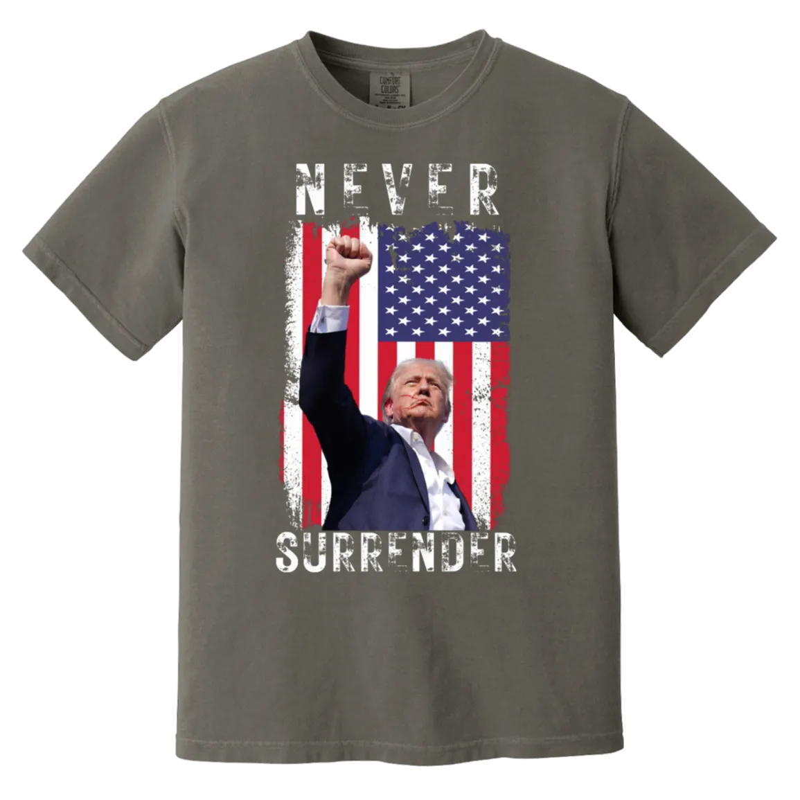 Trump Never Surrender Comfort Colors Tee – Featuring Powerful Image of Trump After Assassination Attempt (Front Only Design)