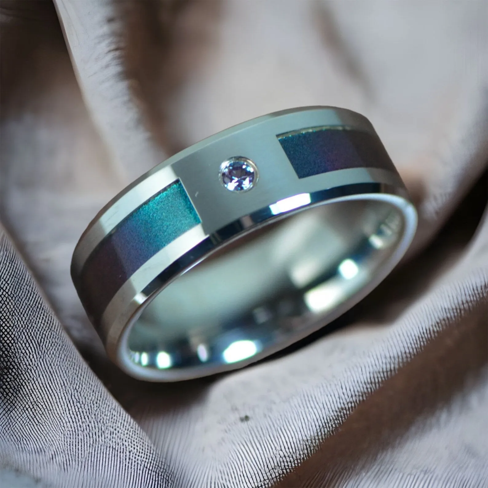 Tungsten Carbide Ring with Blue/Purple Color Changing Inlay and Alexandrite Setting - 8mm - CERULEAN