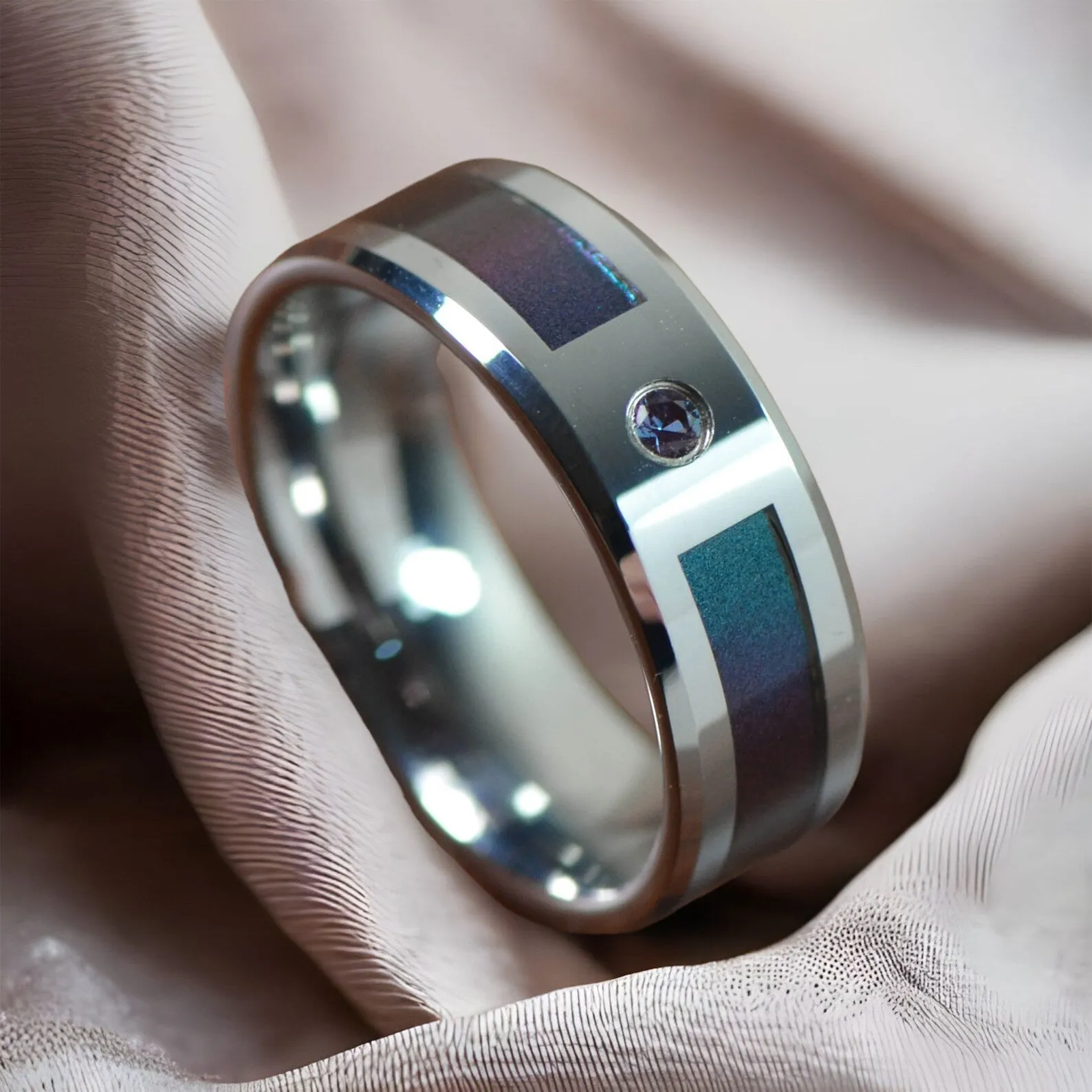 Tungsten Carbide Ring with Blue/Purple Color Changing Inlay and Alexandrite Setting - 8mm - CERULEAN