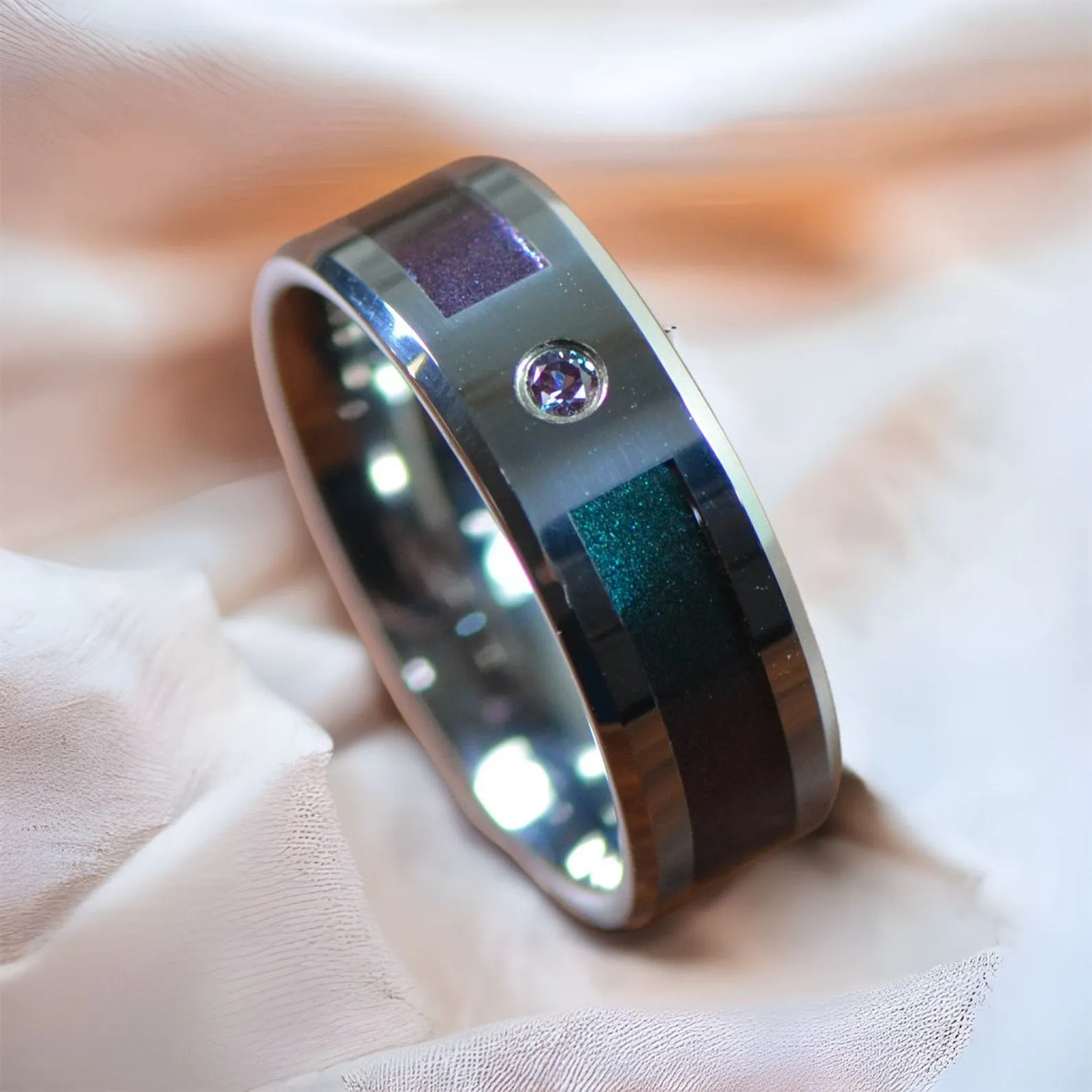 Tungsten Carbide Ring with Blue/Purple Color Changing Inlay and Alexandrite Setting - 8mm - CERULEAN