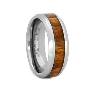 Tungsten Carbide Wedding Ring With Exotic Koa Wood Inlay, Size 10 (92607)