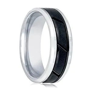 Two Tone Tungsten Wedding Band for Men with Black Diagonal Grooved Center and Silver Beveled Edges - 8MM