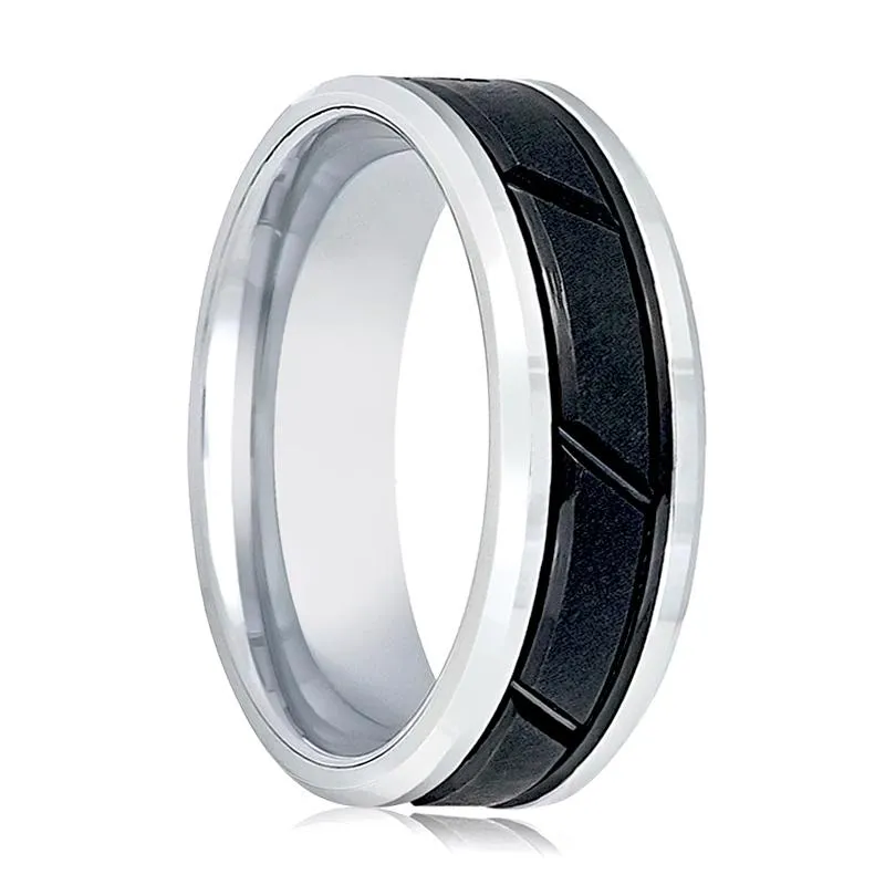 Two Tone Tungsten Wedding Band for Men with Black Diagonal Grooved Center and Silver Beveled Edges - 8MM