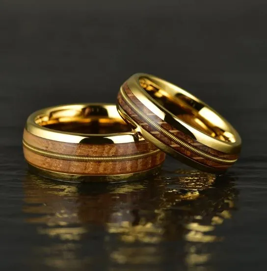 Whiskey Strings - Whiskey Barrel Wood Guitar String Yellow Tungsten- Men's Wedding Band 8MM