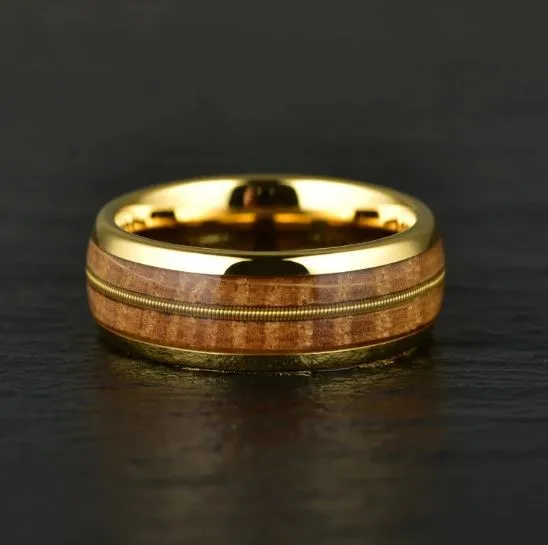 Whiskey Strings - Whiskey Barrel Wood Guitar String Yellow Tungsten- Men's Wedding Band 8MM