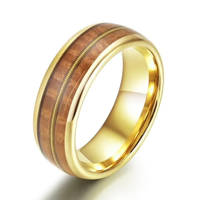 Whiskey Strings - Whiskey Barrel Wood Guitar String Yellow Tungsten- Men's Wedding Band 8MM