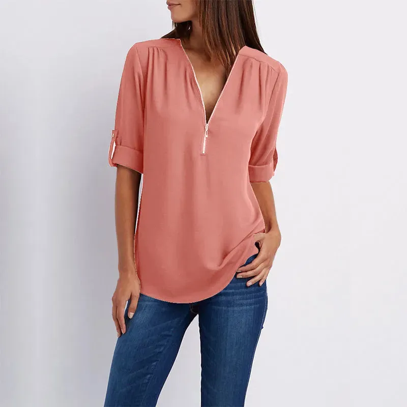 Women Summer Shirt Fashion V Neck Chiffon T-Shirts Casual Short Sleeve Loose Zipper Tops Blouse New