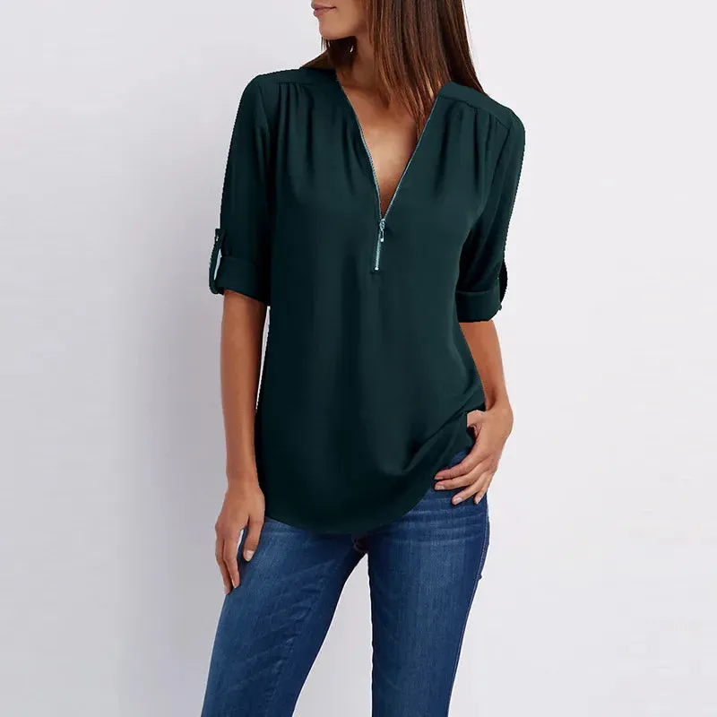 Women Summer Shirt Fashion V Neck Chiffon T-Shirts Casual Short Sleeve Loose Zipper Tops Blouse New