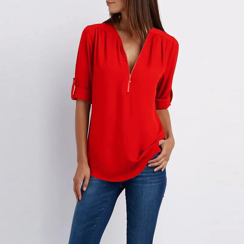 Women Summer Shirt Fashion V Neck Chiffon T-Shirts Casual Short Sleeve Loose Zipper Tops Blouse New