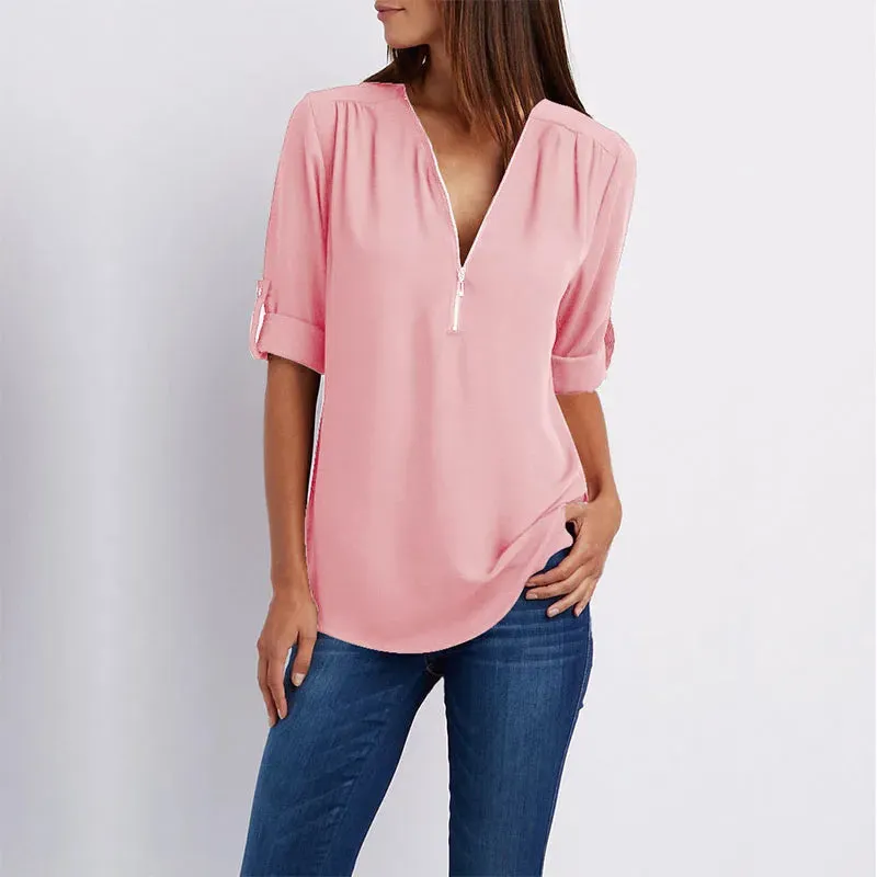 Women Summer Shirt Fashion V Neck Chiffon T-Shirts Casual Short Sleeve Loose Zipper Tops Blouse New
