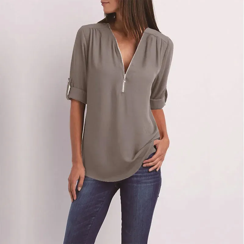 Women Summer Shirt Fashion V Neck Chiffon T-Shirts Casual Short Sleeve Loose Zipper Tops Blouse New
