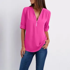 Women Summer Shirt Fashion V Neck Chiffon T-Shirts Casual Short Sleeve Loose Zipper Tops Blouse New