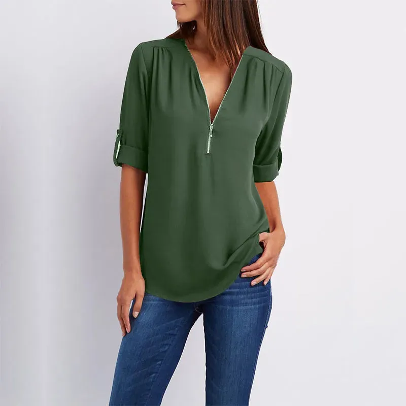 Women Summer Shirt Fashion V Neck Chiffon T-Shirts Casual Short Sleeve Loose Zipper Tops Blouse New