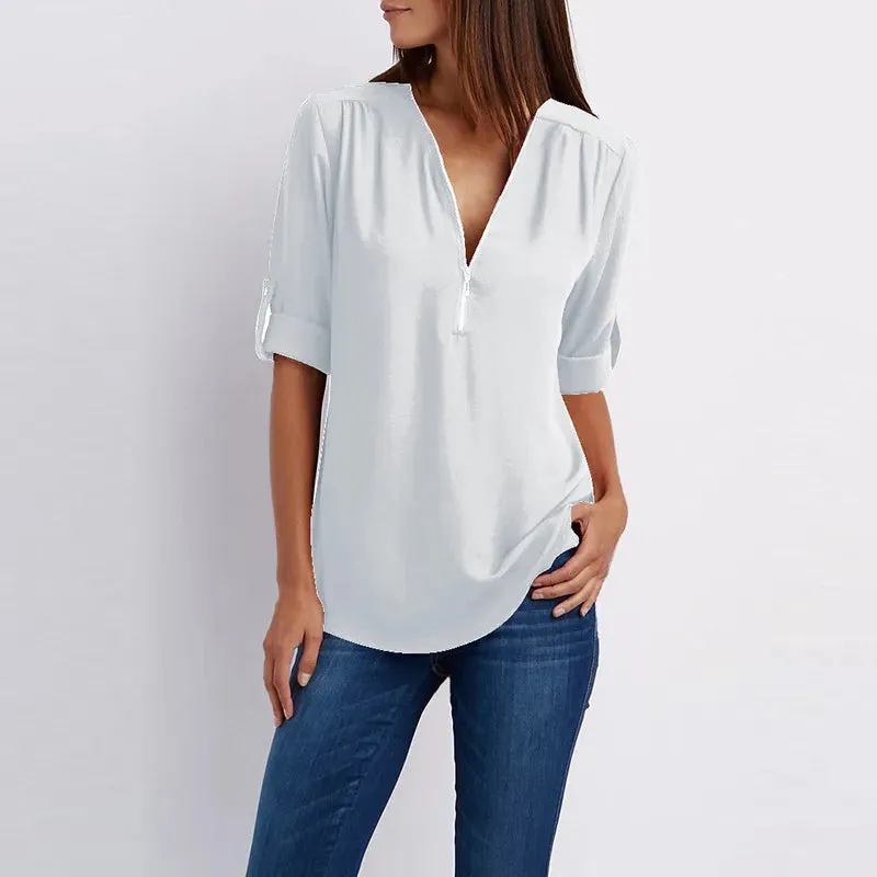 Women Summer Shirt Fashion V Neck Chiffon T-Shirts Casual Short Sleeve Loose Zipper Tops Blouse New