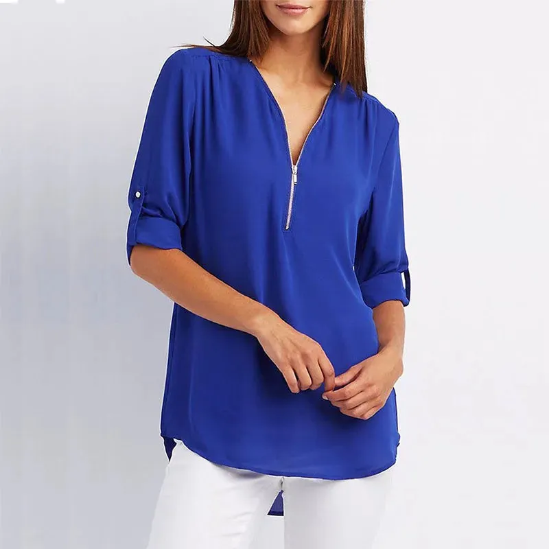 Women Summer Shirt Fashion V Neck Chiffon T-Shirts Casual Short Sleeve Loose Zipper Tops Blouse New