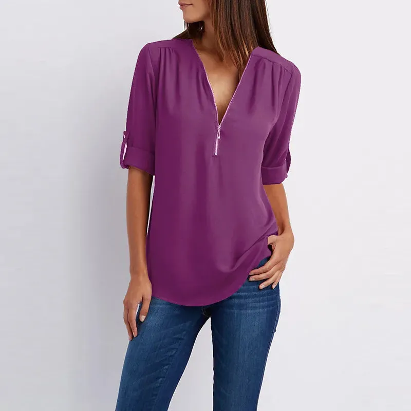 Women Summer Shirt Fashion V Neck Chiffon T-Shirts Casual Short Sleeve Loose Zipper Tops Blouse New