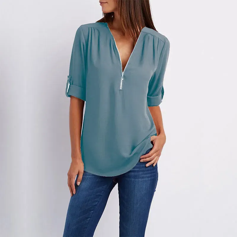 Women Summer Shirt Fashion V Neck Chiffon T-Shirts Casual Short Sleeve Loose Zipper Tops Blouse New