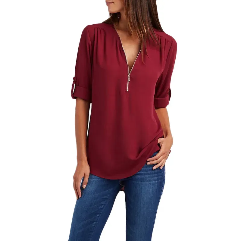 Women Summer Shirt Fashion V Neck Chiffon T-Shirts Casual Short Sleeve Loose Zipper Tops Blouse New