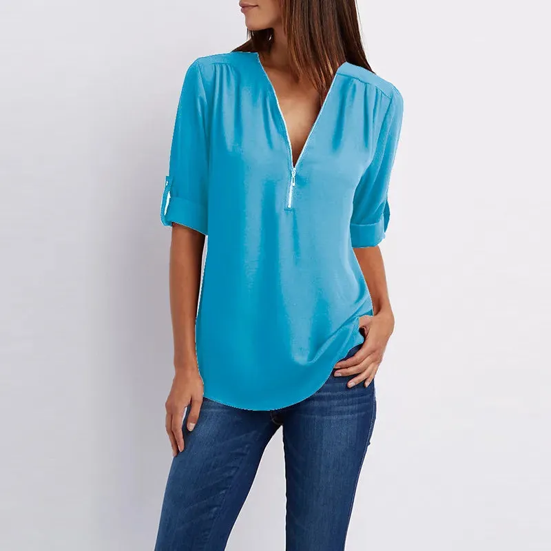 Women Summer Shirt Fashion V Neck Chiffon T-Shirts Casual Short Sleeve Loose Zipper Tops Blouse New