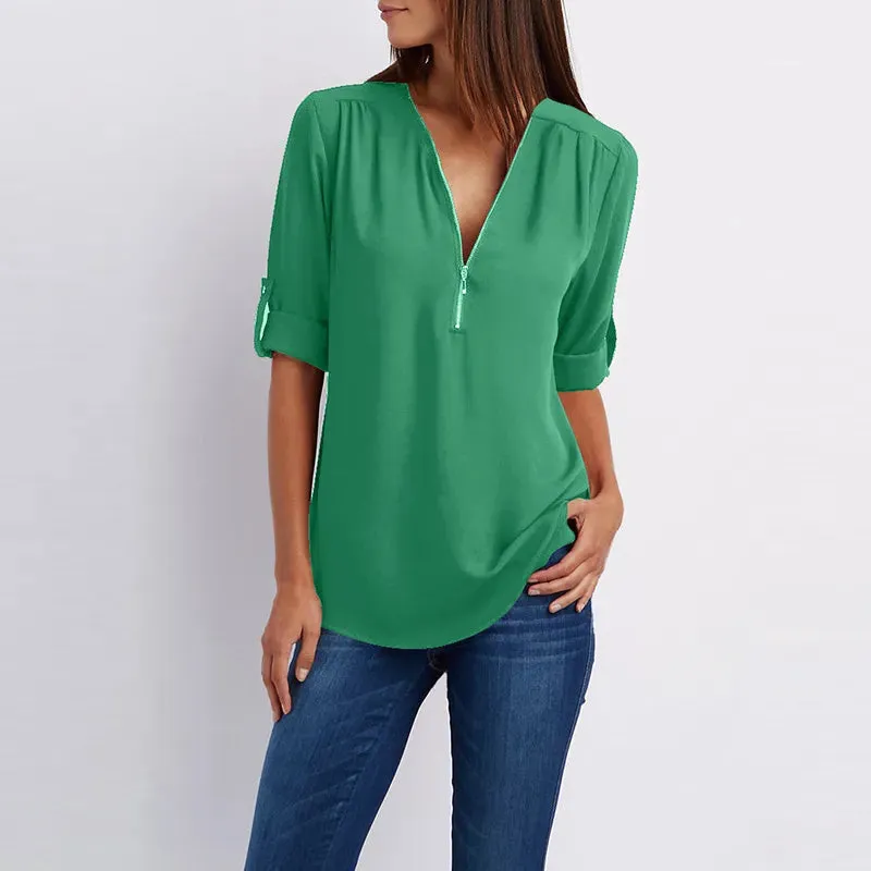 Women Summer Shirt Fashion V Neck Chiffon T-Shirts Casual Short Sleeve Loose Zipper Tops Blouse New