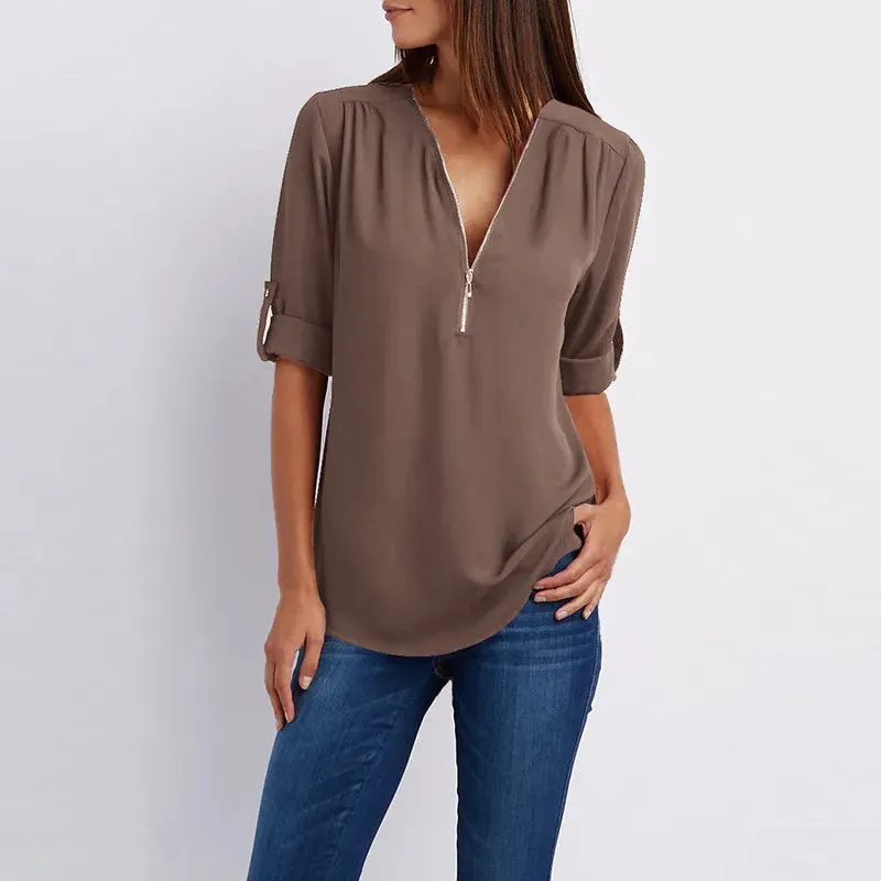 Women Summer Shirt Fashion V Neck Chiffon T-Shirts Casual Short Sleeve Loose Zipper Tops Blouse New