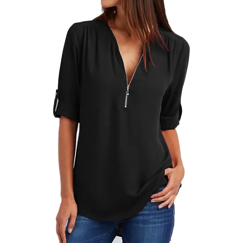 Women Summer Shirt Fashion V Neck Chiffon T-Shirts Casual Short Sleeve Loose Zipper Tops Blouse New