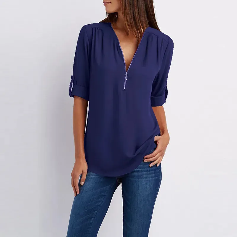 Women Summer Shirt Fashion V Neck Chiffon T-Shirts Casual Short Sleeve Loose Zipper Tops Blouse New