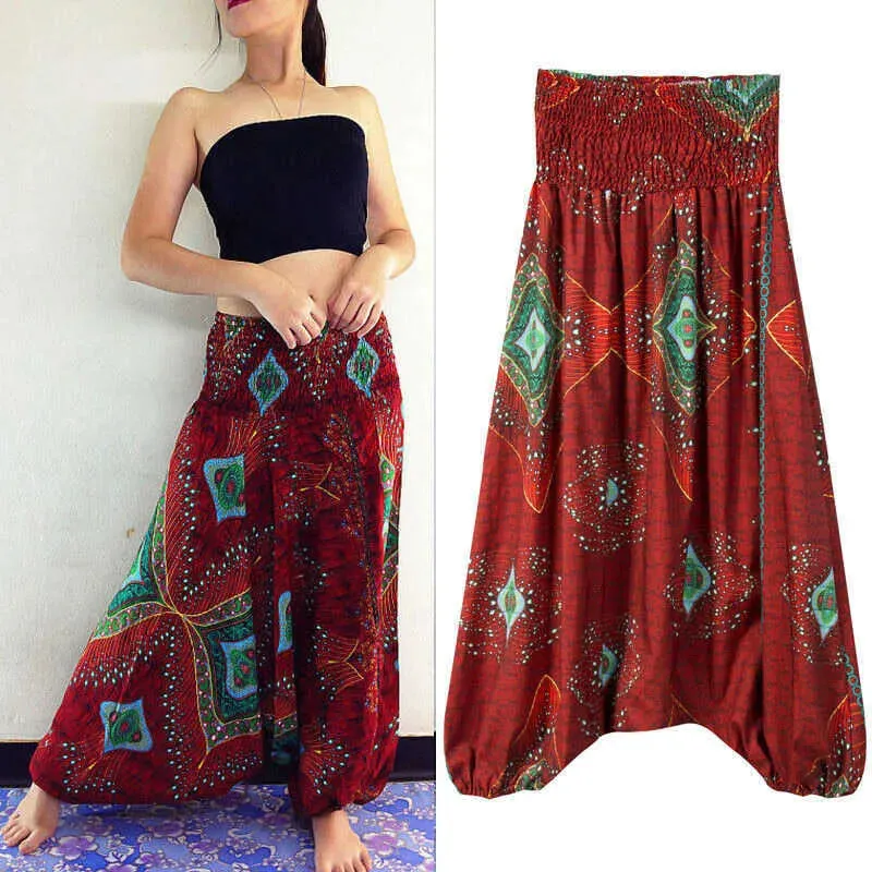 Women Wide Leg Pants Baggy Afghani Genie Indian Aladdin Print High Waist Fashion Trouser Plus Size Loose Chiffon Clothing Q0801