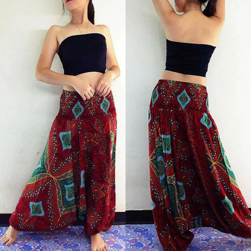 Women Wide Leg Pants Baggy Afghani Genie Indian Aladdin Print High Waist Fashion Trouser Plus Size Loose Chiffon Clothing Q0801