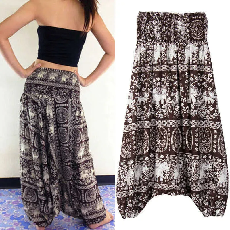 Women Wide Leg Pants Baggy Afghani Genie Indian Aladdin Print High Waist Fashion Trouser Plus Size Loose Chiffon Clothing Q0801