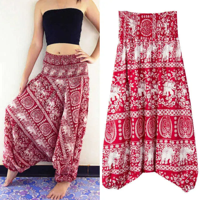 Women Wide Leg Pants Baggy Afghani Genie Indian Aladdin Print High Waist Fashion Trouser Plus Size Loose Chiffon Clothing Q0801