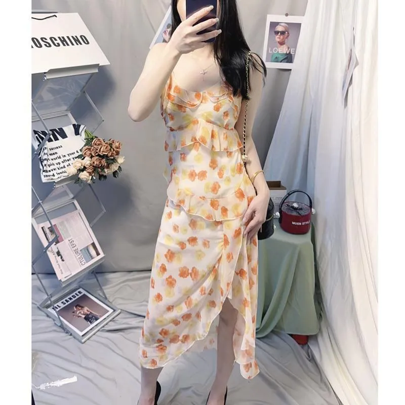 Women's Suspender Skirt 2025 Summer  Sexy V-neck High Waist Slit Chiffon Irregular Long Dress Floral Dress