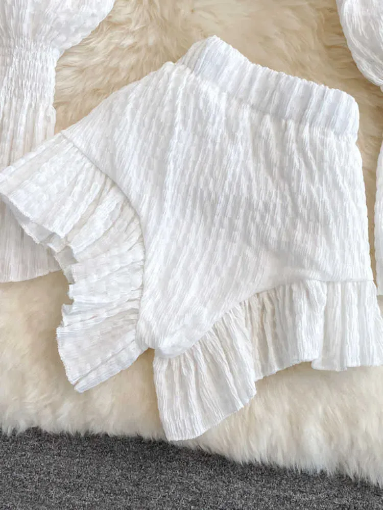 Women's Two Piece Pants Chiffon Two Piece Set Women  Summer New High Street Fashion Sexy French Outfits Navel Blouses Solid Wild Ruffles Shorts T221012