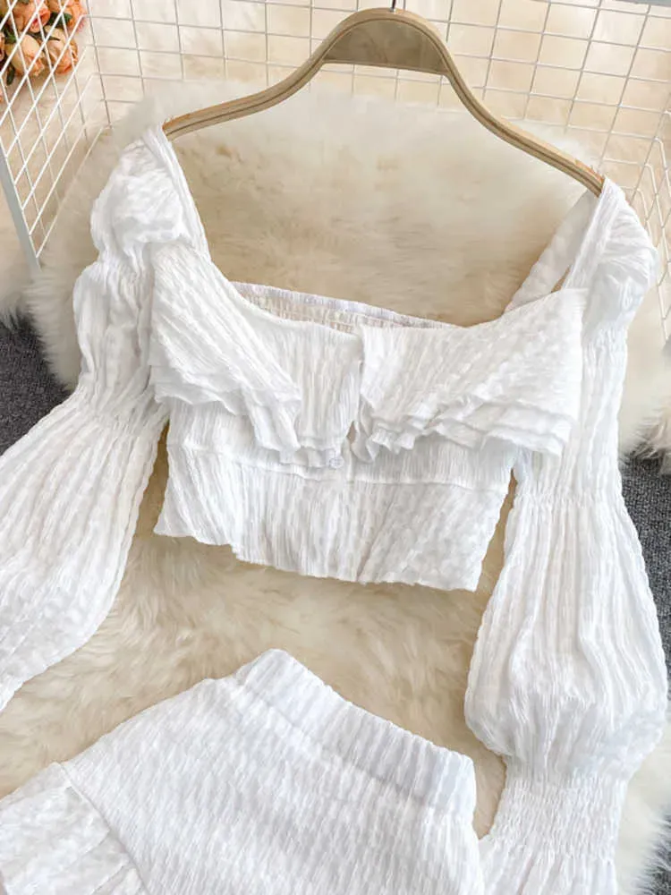 Women's Two Piece Pants Chiffon Two Piece Set Women  Summer New High Street Fashion Sexy French Outfits Navel Blouses Solid Wild Ruffles Shorts T221012