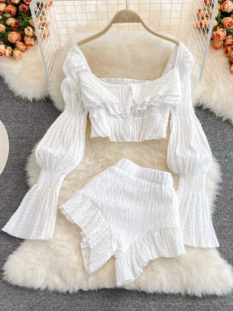 Women's Two Piece Pants Chiffon Two Piece Set Women  Summer New High Street Fashion Sexy French Outfits Navel Blouses Solid Wild Ruffles Shorts T221012