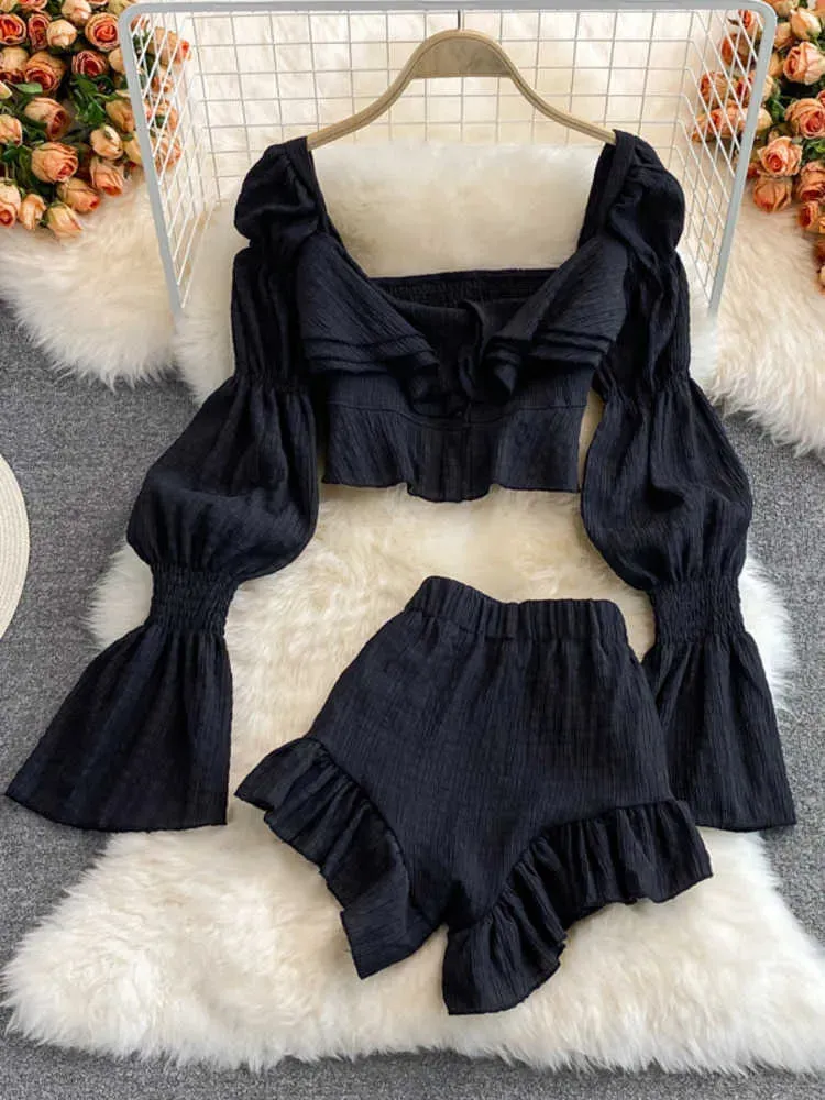 Women's Two Piece Pants Chiffon Two Piece Set Women  Summer New High Street Fashion Sexy French Outfits Navel Blouses Solid Wild Ruffles Shorts T221012