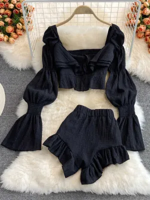 Women's Two Piece Pants Chiffon Two Piece Set Women  Summer New High Street Fashion Sexy French Outfits Navel Blouses Solid Wild Ruffles Shorts T221012