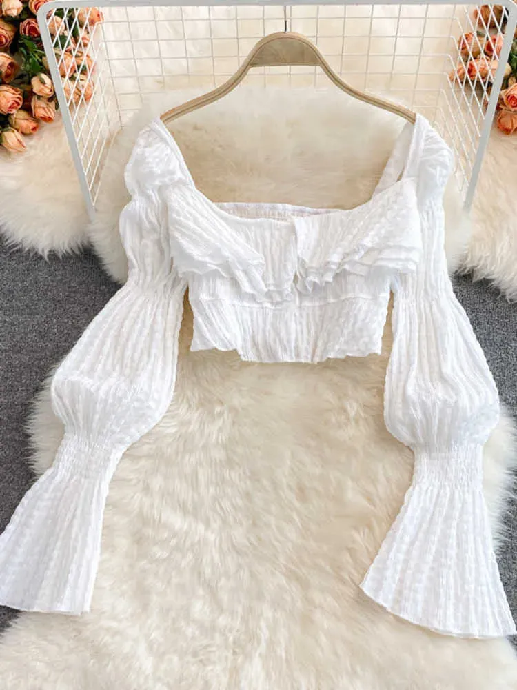Women's Two Piece Pants Chiffon Two Piece Set Women  Summer New High Street Fashion Sexy French Outfits Navel Blouses Solid Wild Ruffles Shorts T221012