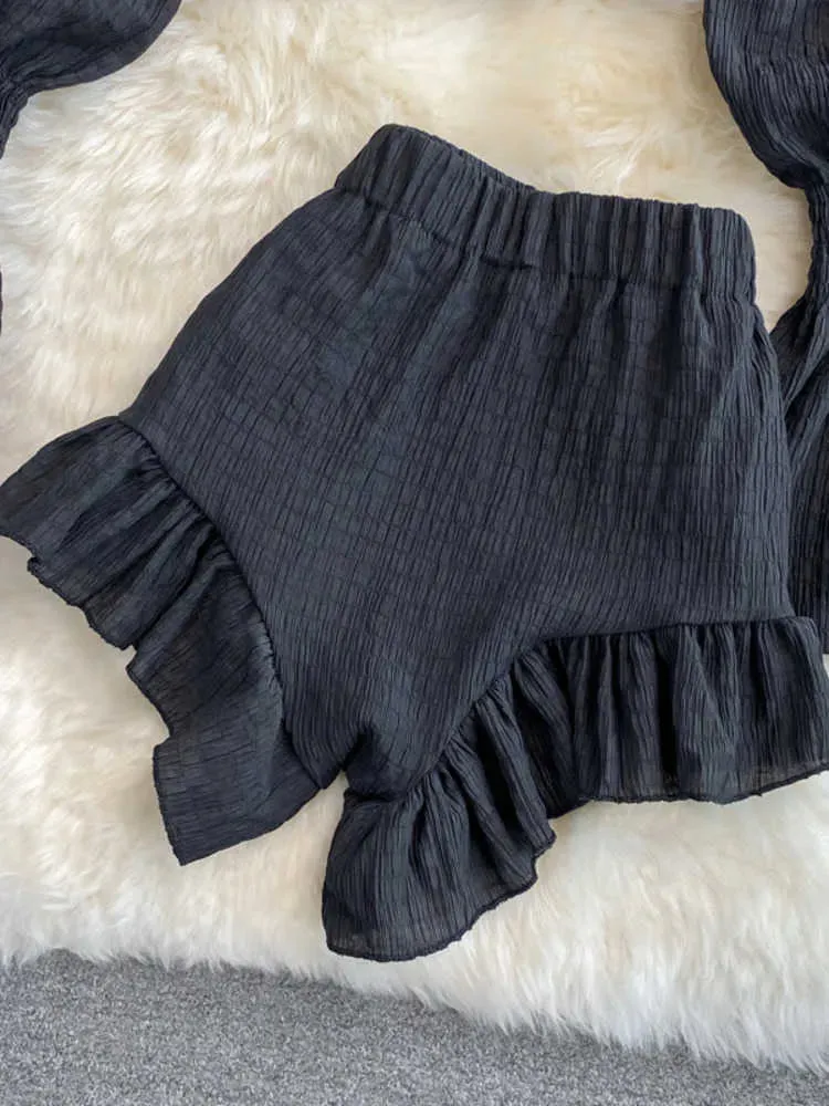 Women's Two Piece Pants Chiffon Two Piece Set Women  Summer New High Street Fashion Sexy French Outfits Navel Blouses Solid Wild Ruffles Shorts T221012